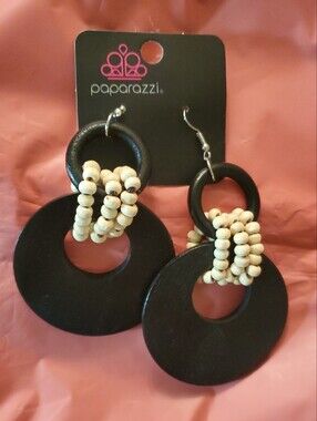 Paparazzi Black Hoop Earrings with Cream Bead Wraps